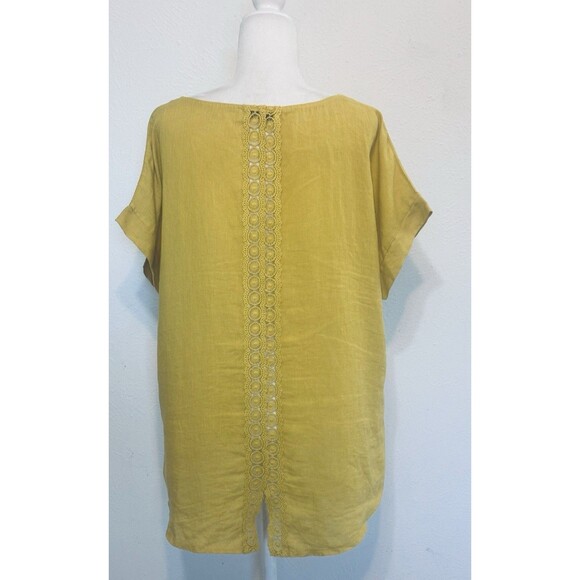 TERZO MILLENNIO Women Size L Mustard Linen Embroidered Top Timeless Lagenlook - Picture 4 of 9